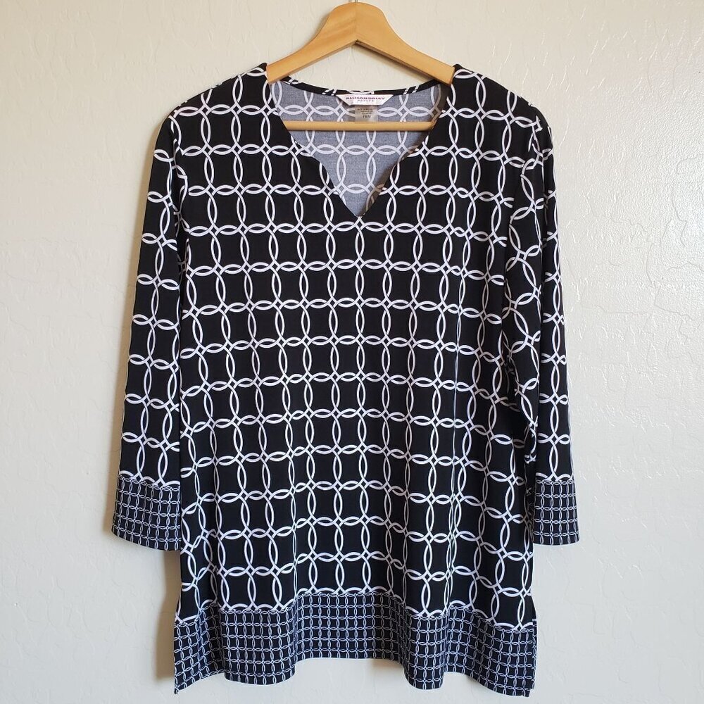 Allison Daley V-Neck Geometric Print Blouse Top Black Size Women's Petite Medium